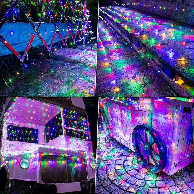 Lomotech 12ft x 5ft 360 LED Christmas Net Lights, 8 Modes Waterproof With Timer Low Voltage Connectable Mesh Lights for Trees, Bushes, Shurb, Garden, Outdoor Decoration(Green Wire, Multi-colored)-BloomoryGarden