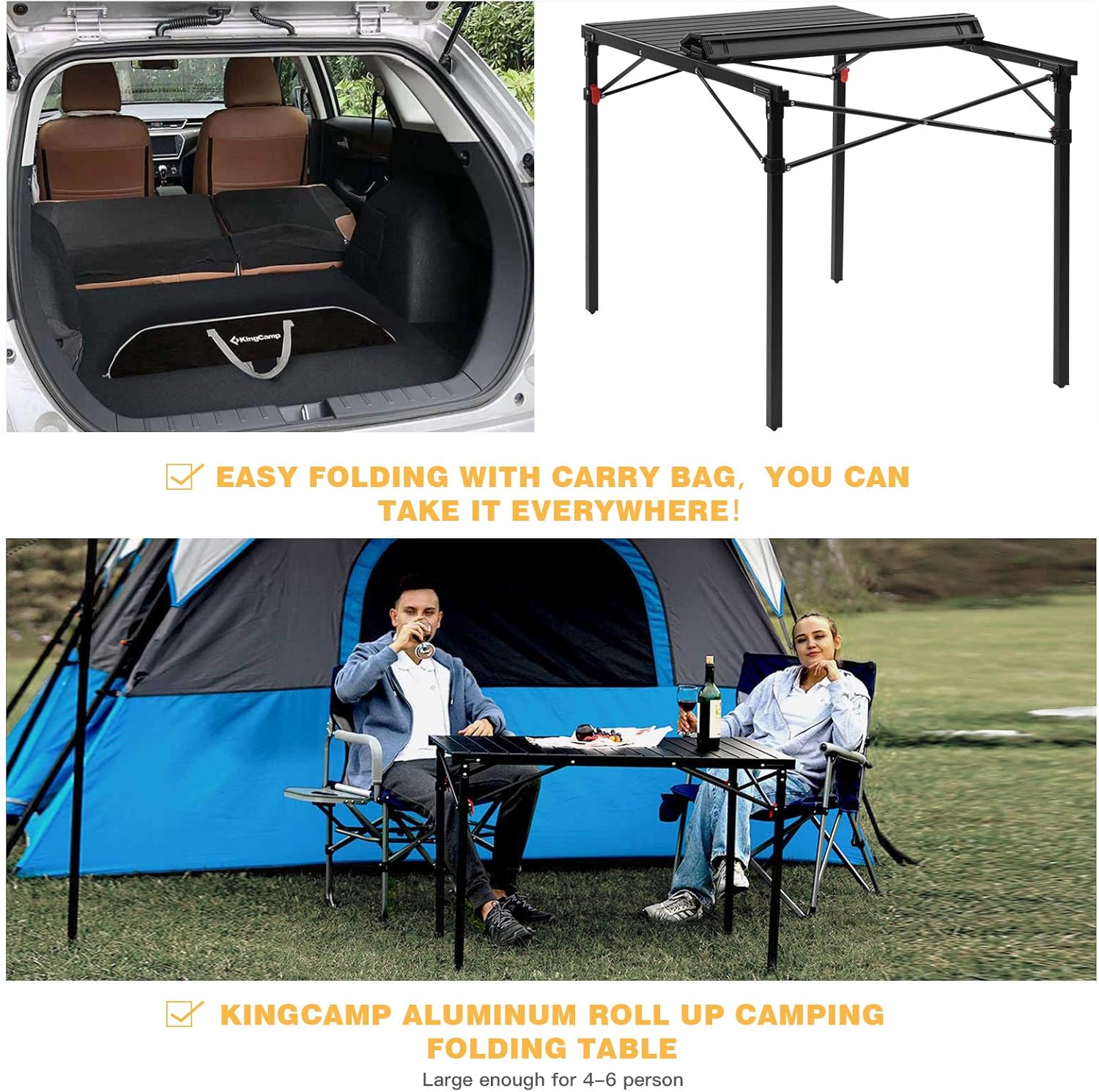 KingCamp Lightweight Compact Folding Camping Table,Stable Aluminum Alloy Folding Roll up Table for 4-6 Person for Picnic, Camping, Barbecue and Party,Portable Multifunctional Table with Carry Bag-BloomoryGarden