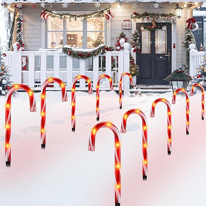 10" Christmas Candy Cane Lights - Set of 10 Pathway Markers Christmas Outdoor Yard Decorations, Xmas Candy Cane Stake Lights for Lawn, Walkway, Garden, Xmas Party Indoor Ornaments-BloomoryGarden