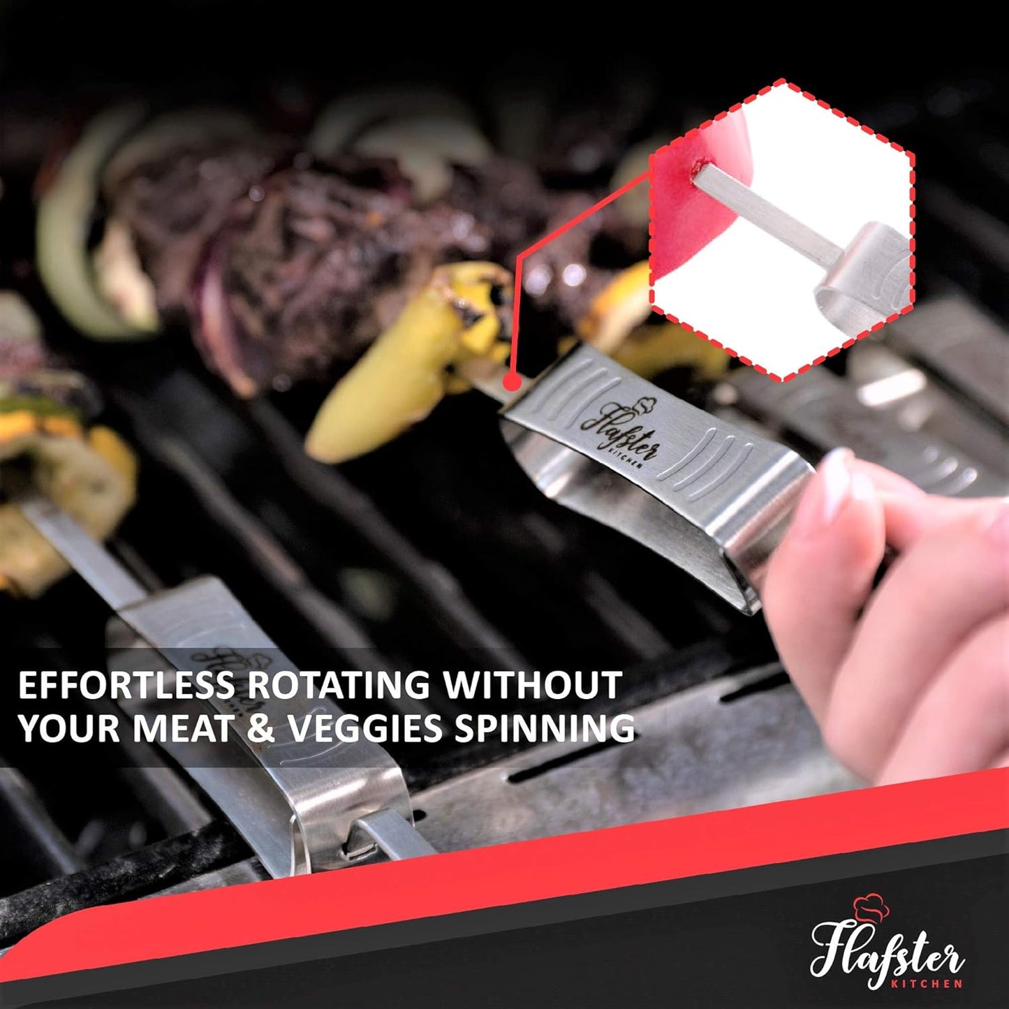 "FLAFSTER KITCHEN BBQ Skewers for Grilling - 16" Stainless Steel Flat Kebab Sticks with Push Bar, Reusable Metal Shish Kabob Skewers, Set of 6"-BloomoryGarden