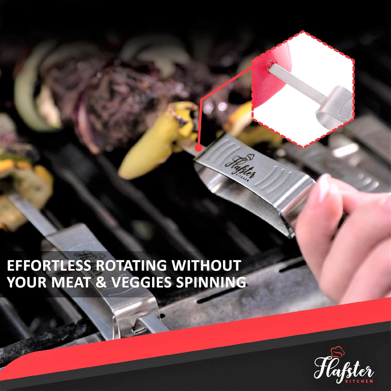 "FLAFSTER KITCHEN BBQ Skewers for Grilling - 16" Stainless Steel Flat Kebab Sticks with Push Bar, Reusable Metal Shish Kabob Skewers, Set of 6"-BloomoryGarden