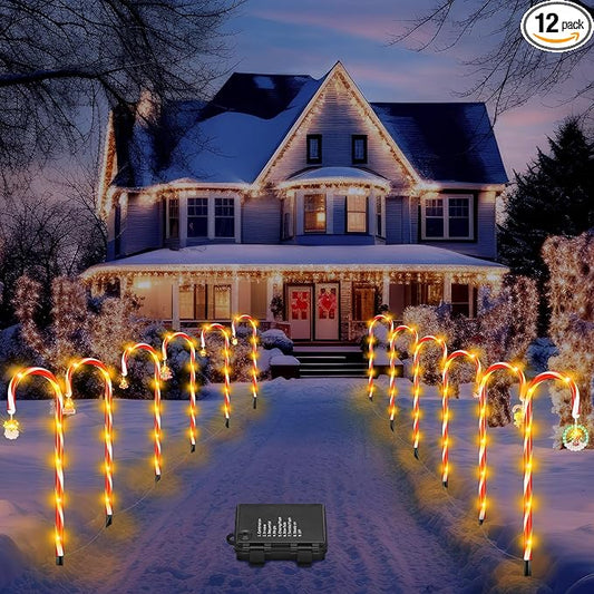 12 Pcs Christmas Candy Cane Lights Outdoor Christmas Decorations Battery Operated Candy Cane Pathway Markers Light 84 LED Candy Cane Stake Waterproof with 8 Modes for Yard Garden Lawn Tree Decor-BloomoryGarden