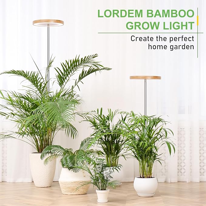 LORDEM Bamboo Grow Light for Indoor Plants, Full Spectrum LED Plant Grow Light, Height Adjustable Growing Lamp with Auto Timer 4H/8H/12H, 4 Dimmable Levels, Ideal for Large Tall Plants, 2 Pack-BloomoryGarden