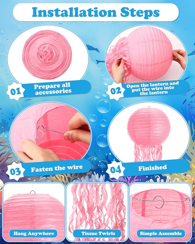 18 Pcs Jellyfish Paper Lanterns Mermaid Birthday Decorations Hanging Lantern Lamps for Ocean Theme Decor Under The Sea Party Supplies-BloomoryGarden