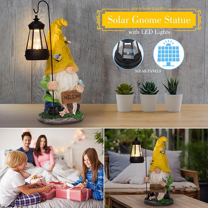 12.6'' Solar Large Garden Gnomes Outdoor Statues with Lantern, Welcome Gnome Garden Outdoor Decor Gift Waterproof Decoration for Patio, Balcony, Yard Ornament - Unique Housewarming Gifts-BloomoryGarden