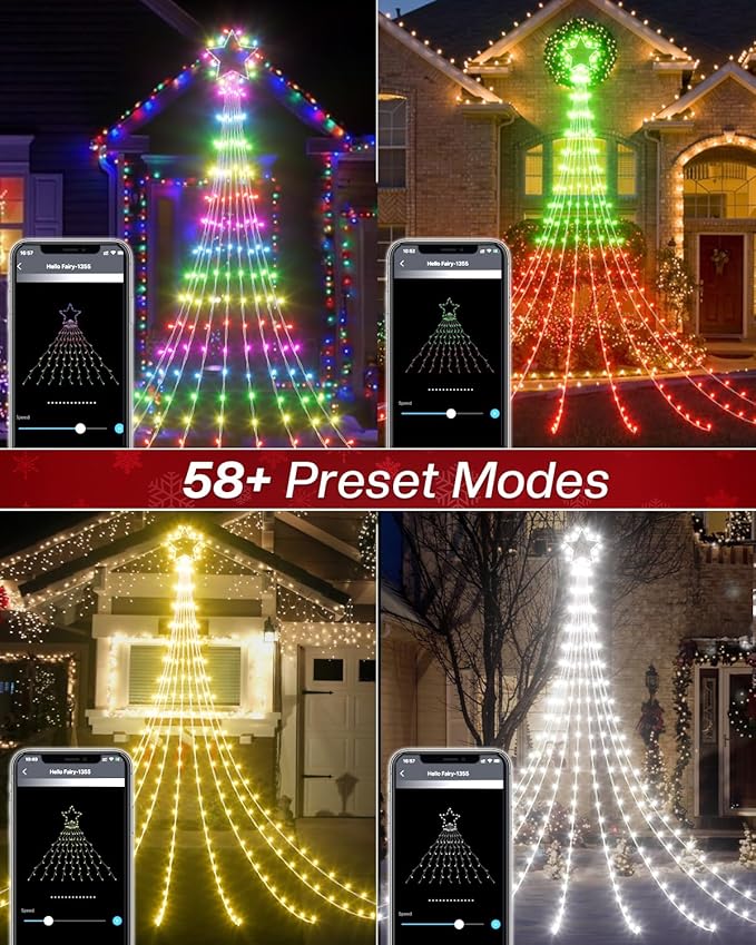 16.5FT Smart Outdoor Christmas Decoration Star String Lights, DIY Color Changing LED Yard Lights App Control Music Sync, Timer, Group Control Waterproof Waterfall Tree Lights for Outside-BloomoryGarden