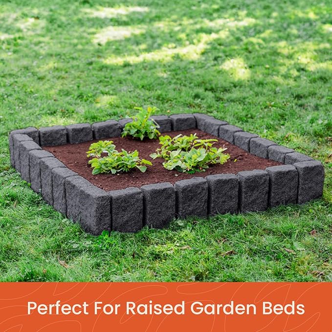 Beuta Landscape Edging | Garden Edging Border | Faux Stone Block XL for Lawn Edging, Flower Beds & Yard Edging – 40 Pack | Each Section Has 6 Blocks 48" L x 4" W x 9.5" H | 120 Spikes | Charcoal-BloomoryGarden