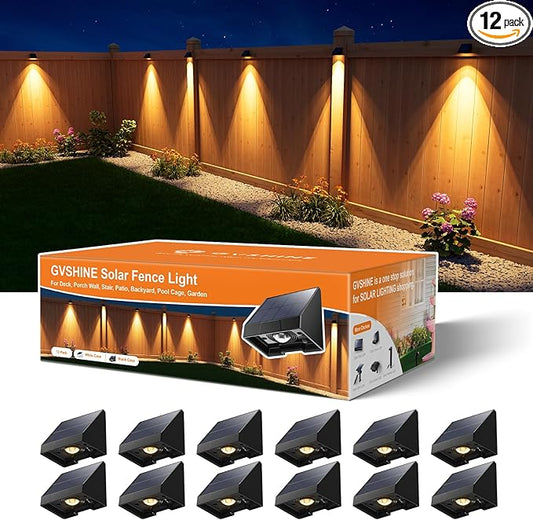 12 Pack Decorative Solar Powered Fence Lights Outdoor Waterproof with Warm White LED Spot Lens, for Outside Wall, Deck, Patio, Yard, Rail, Garage, Pool, Designed for Enhanced Security, Easy Install-BloomoryGarden