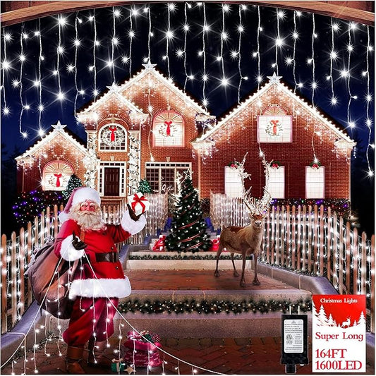 1600 LED 164FT Outdoor Christmas Lights Plug in 8 Modes with Timer Dimmable Christmas Decorations Waterproof Indoor Curtain String Lights for Roof Porch Garden Holiday Wedding Party Decor Cool White-BloomoryGarden