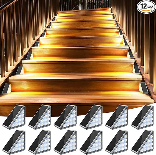 12 Pack Solar Stair Lights Outdoor Stair Lights with Waterproof IP67 LED Solar Light for Outside Light Decor for Stair, Deck, Front Step, Front Porch, Patio, Garden and Backyard-BloomoryGarden