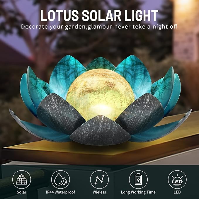 Lotus Solar Lights Outdoor,Solar LED Powered Garden Light Waterproof for Decor Tabletop Ground Yard Patio Walkway Landscape,Metal Glass LED Lotus Flower Lights-BloomoryGarden
