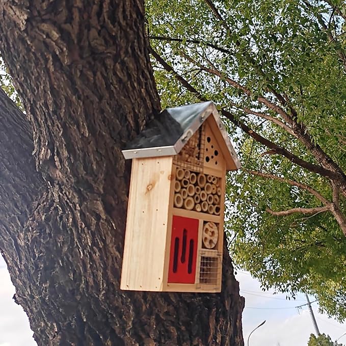 TIHOOD Natural Wooden Hanging Bee House for Gardens Natural Wooden Butterfly Hotel for Bee, Butterfly, Ladybirds, Habitat, Bee Hotel Garden-BloomoryGarden