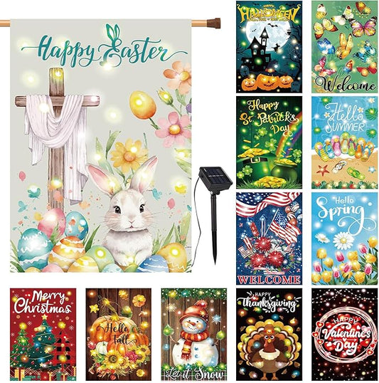 12 Pcs Solar Seasonal LED Garden Flags 28 x 40 Inch Double Sided Yard Flags Spring Easter Halloween Fall Thanksgiving Day Decorations Welcome Garden Flag Lawn Yard Outdoor Holiday Decoration-BloomoryGarden