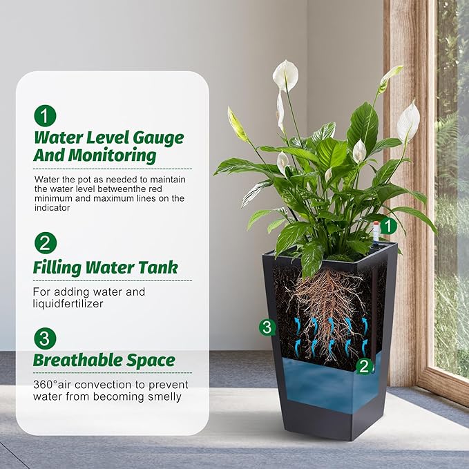 16" Tall Planters Set of 2, Outdoor＆Indoor Black Planter Pots, High Front Porch Planter Pots with Drainage Holes＆Water Level Monitor＆Inner Bucket, Automatic Watering,Black-BloomoryGarden