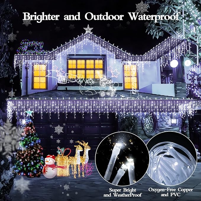 1600 LED 164FT Outdoor Christmas Lights Plug in 8 Modes with Timer Dimmable Christmas Decorations Waterproof Indoor Curtain String Lights for Roof Porch Garden Holiday Wedding Party Decor Cool White-BloomoryGarden