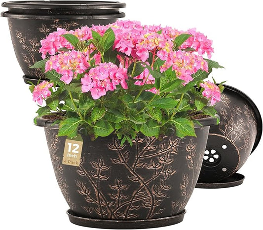 12-inch-Flower-Pots-Outdoor-Indoor, 4 Pack Plastic Planter Pots for Plant with Drainage Hole Saucer, Decorative Resin Garden Container with Tray-BloomoryGarden