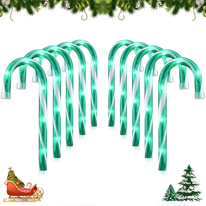 10" 10 Pack Christmas Candy Cane Lights, Candy Cane Lights with 10 Stakes for Walkway Patio Yard Patio Garden Festival Holiday Outdoor Indoor Landscape Path, Christmas Decorations Outside, Green-BloomoryGarden