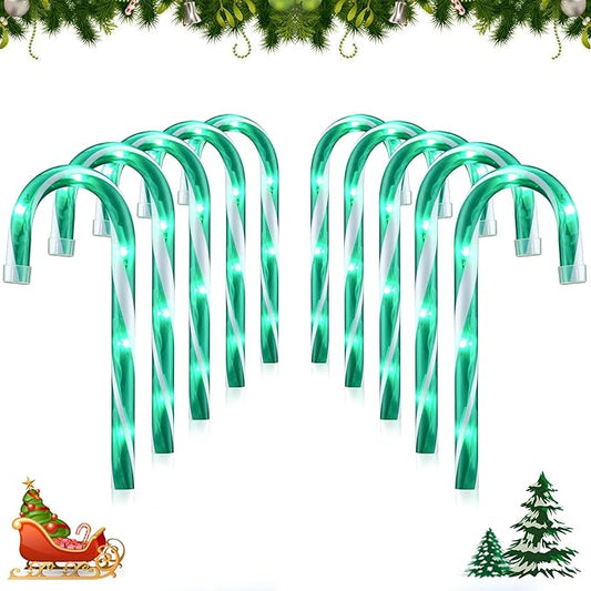 10" 10 Pack Christmas Candy Cane Lights, Candy Cane Lights with 10 Stakes for Walkway Patio Yard Patio Garden Festival Holiday Outdoor Indoor Landscape Path, Christmas Decorations Outside, Green-BloomoryGarden