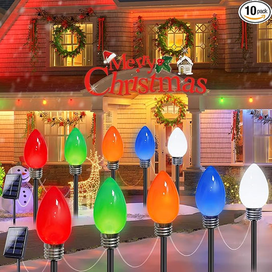 10-Pack Jumbo C9 Solar Christmas Lights, Upgraded LED Outdoor Christmas Decoration, Larger Muticolor Bulbs Solar Lights Outdoor Waterproof for Outside Path Garden Holiday Yard Patio Decor (Multicolor)-BloomoryGarden