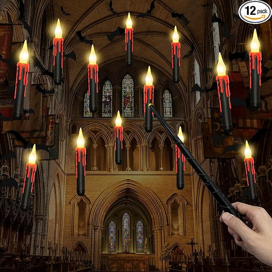 12pcs Floating Candles with Wand, Magic Hanging Candles, Flameless Candles with Magic Wand Remote, Battery Operated Hanging Window Candle, 6.1" LED Electric Candles for Christmas Halloween Decorations-BloomoryGarden