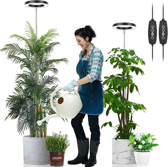 LORDEM Grow Light for Indoor Plants, 7.9" Full Spectrum LED Plant Grow Light, Height Adjustable Growing Lamp with Auto Timer 4H/8H/12H, 6 Dimmable Levels, Ideal for Large Tall Plants, 2 Packs, Black-BloomoryGarden