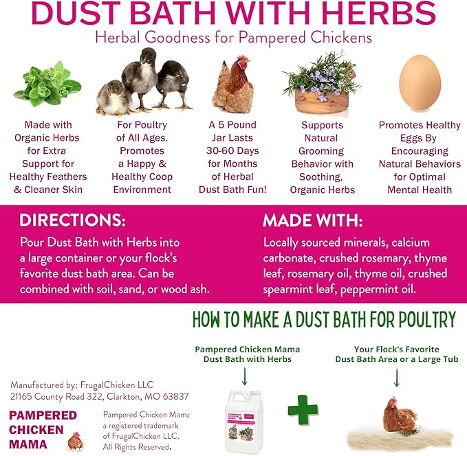 10.5 lb Pampered Chicken Mama Dust Bath with Organic Herbs & Essential Oils for Chickens, Quail, & Poultry | Dust Bath for Chickens to Keep Feathers Clean & Healthy-BloomoryGarden