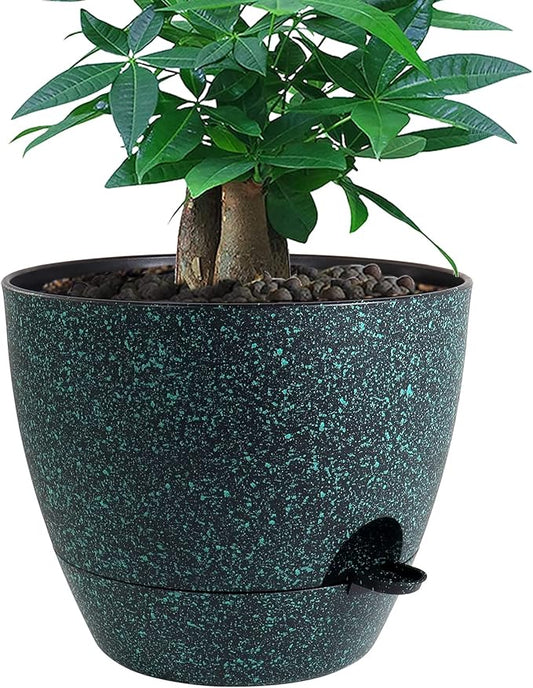 12 inch Large Self Watering Pots, Plastic Planters with 60oZ Removable Deep Reservoir and Multi Mesh Drainage Holes for Indoor Outdoor Garden Plants and Flowers, Black with Green Speckles-BloomoryGarden