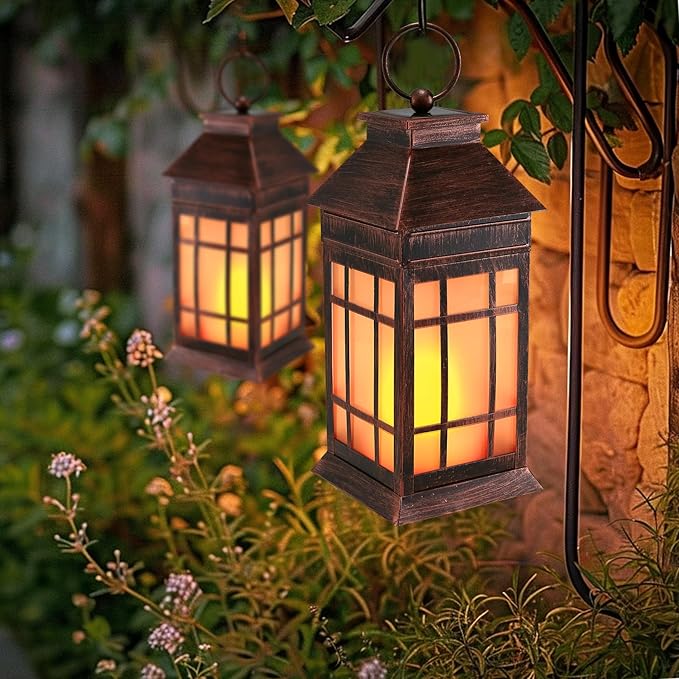 18" Glass Solar Lanterns Outdoor Waterproof, Large Solar Flickering Flame Lantern, Outdoor Lantern Decorative Metal Solar Garden Light for Patio Garden Backyard Outside Tabletop Decor(Vintage Copper)-BloomoryGarden