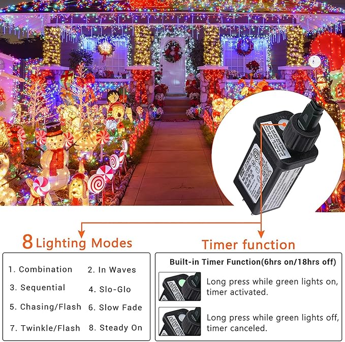 175Ft Christmas Lights Outdoor, 500 LED Christmas String Lights with 8 Modes, Timer, Waterproof Fairy Twinkle Lights for Christmas Party, Garden, Wedding, Holiday, Xmas Tree Decorations (Multicolor)-BloomoryGarden