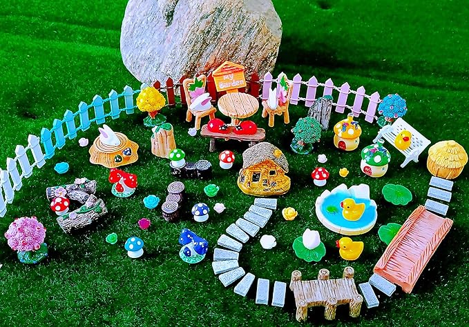 100 Pcs Miniature Fairy Garden Accessories Mini Landscape, Resin Micro Buildings Structures Tiny Animals Figurines-BloomoryGarden