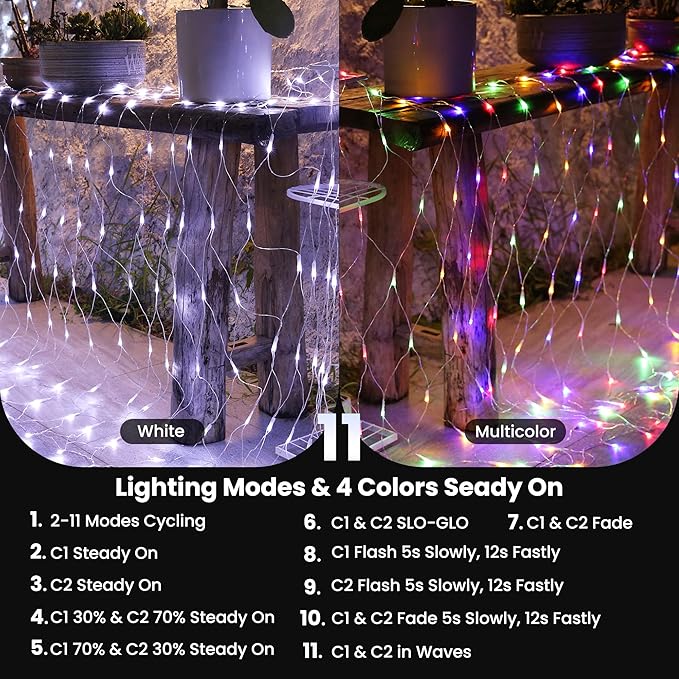 LYHOPE 12ft x 5ft 360 LED Christmas Net Lights, 11 Modes 30V Christmas Net Lights, Clear White-Multi Color Changing Mesh Decorative Net Lights for Xmas Tree Bush Wedding Garden Outdoor Indoor Decor-BloomoryGarden