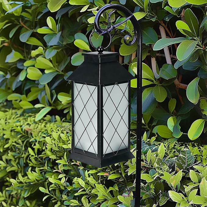 18" Solar Lanterns Outdoor Waterproof, Glass Solar Flickering Flame Lantern Large Hanging Solar Lantern Metal Decorative for Patio Garden Backyard Outside Tabletop (Vintage Black)-BloomoryGarden