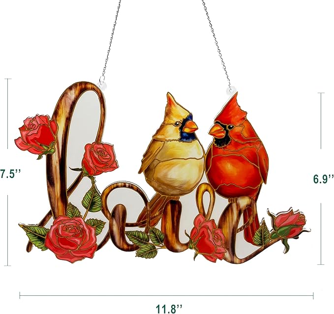 Love with Red Cardinal Suncatcher Red Bird Stained Glass Suncatchers Window Hanging Ornament for Home Decor for Valentine's Day Mother's Day Women Mom Birds Lovers Friends (Love)-BloomoryGarden