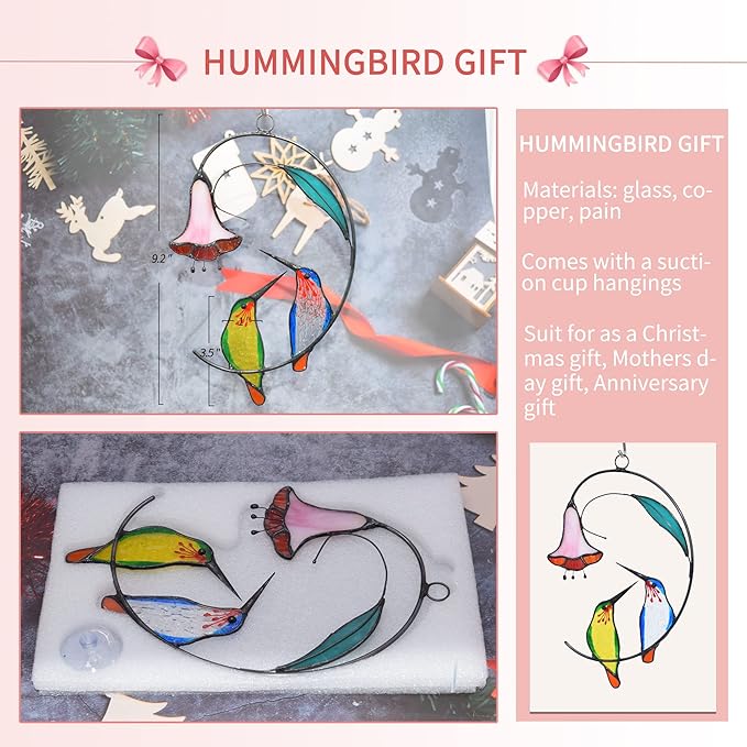 Lolitarcrafts Hummingbird with Flower Stained Glass Suncatcher Bird Stained Glass Window Hangings Hummingbird Gift for Home Decor (Green and Blue)-BloomoryGarden