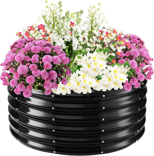 17" Tall Elevated Round Metal Rised Garden Bed- 3.3'x3.3' in Size and 0.8MM Thick Durable Planter Box for Vegetables Flowers Succulent at Patio/Garden Outdoor (Black, 3.3FT Diameter)-BloomoryGarden
