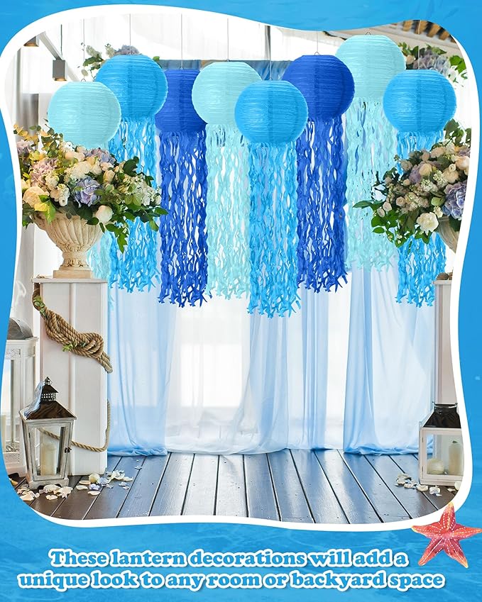 18 Pcs Jellyfish Paper Lanterns Mermaid Birthday Decorations Hanging Lantern Lamps for Ocean Theme Decor Under The Sea Party Supplies (Blue)-BloomoryGarden
