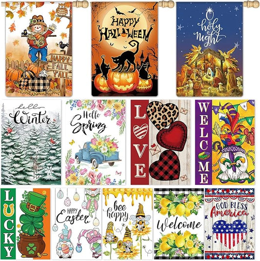 12 Pcs Seasonal House Flags 28x40 Double Sided Seasonal Large Garden Flags for All Seasons Set of 12 Spring Easter Valentine Halloween Christmas Holiday Yard Decoration, Welcome Outdoor Decor 28x40 In-BloomoryGarden