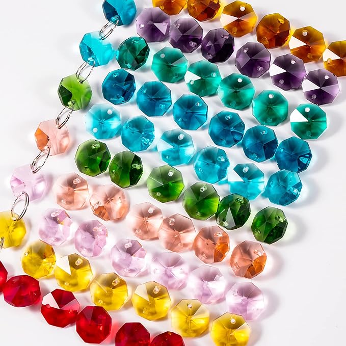 100 Pcs Glass Octagon Crystal Beads 14mm Colorful Crystal Chandelier Parts Replacement Beads DIY Lamp Hanging Pendant Suncatcher Beads-BloomoryGarden