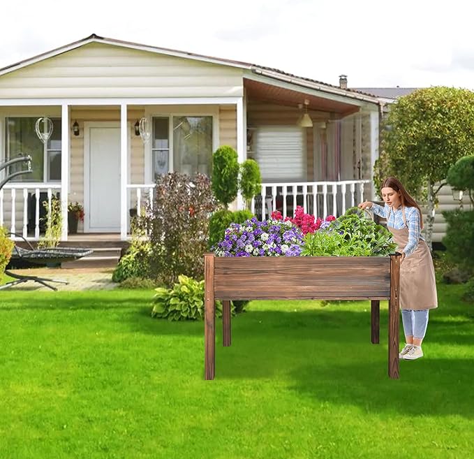 LZRS Raised Garden Bed Outdoor Planter Box with Legs for Herbs, Vegetables, Flowers, Great for Outdoor Patio, Yard and Deck, 220lb Capacity, Carbonized-BloomoryGarden