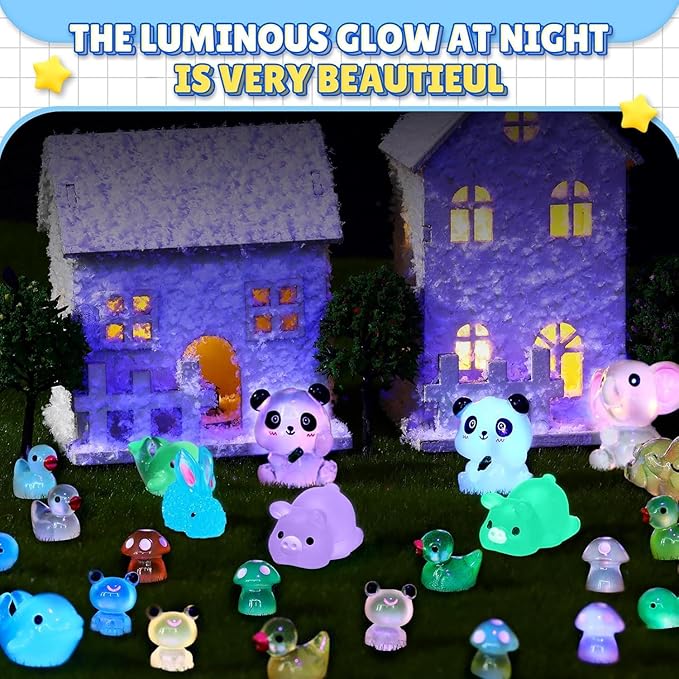 Luminous Mini Resin Animals - 130 Pcs Tiny Animals Mini Ducks Tortoise Rabbit Panda Mushroom Fruits Seashells Set Figurines Glow in The Dark Garden Miniatures Fairy Garden Accessories-BloomoryGarden