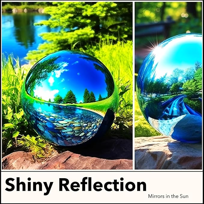 10 Inch Stainless Steel Gazing Globe,v2croft Hollow Ball Mirrored Surface Polished Shiny Sphere,Garden Stainless Steel Gazing Ball for Outdoor Lawn Pond Yard Ornament(Light Blue)-BloomoryGarden