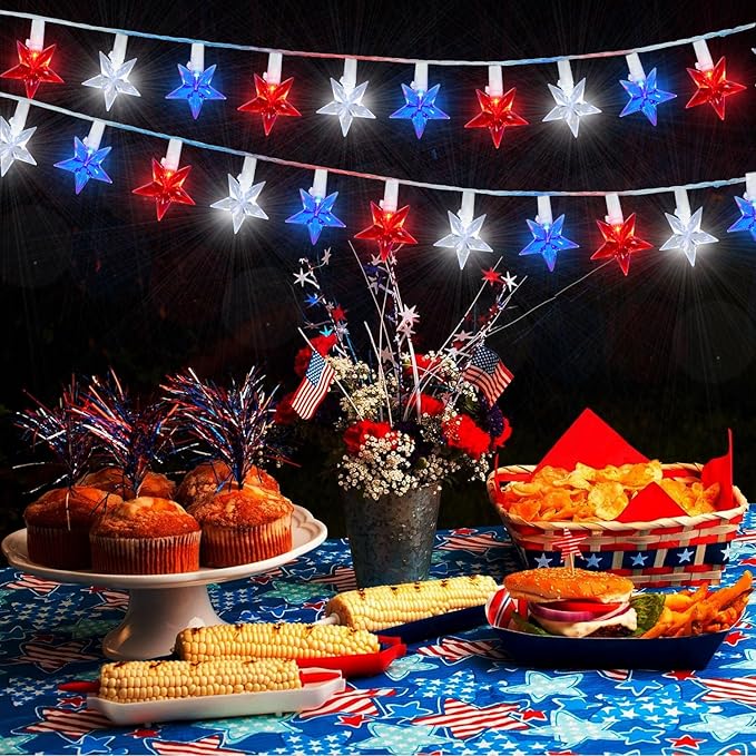 100 LED Red White and Blue Star Lights, 37FT 4th of July Star String Lights Plug in for Home Patio Garden Yard Memorial Day Independence Day Patriotic Decorations Outdoor, White Wire-BloomoryGarden