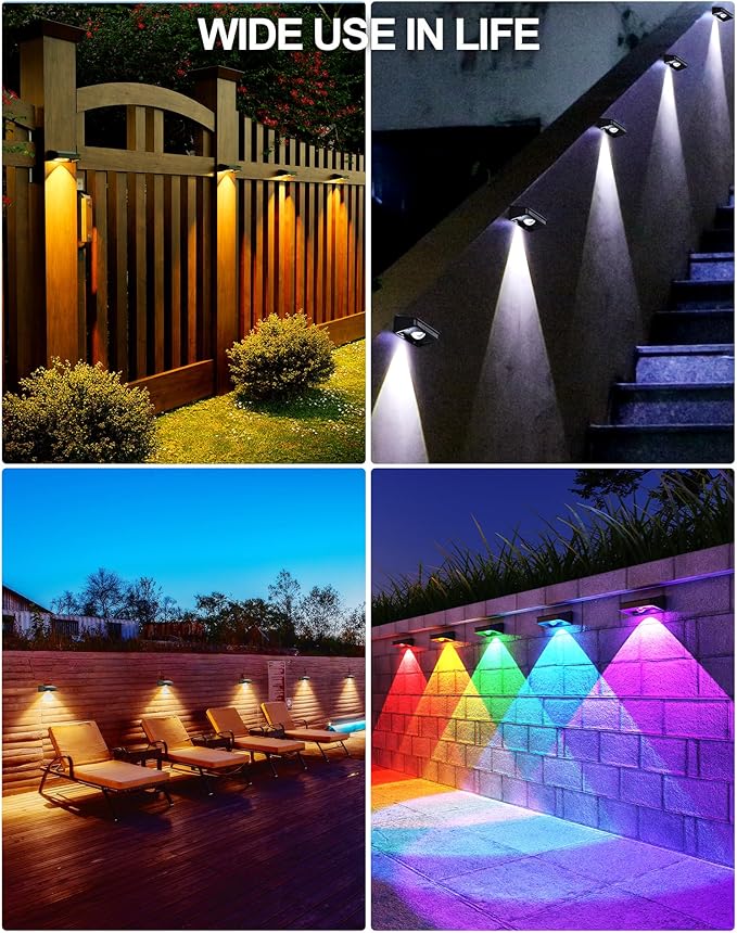 10 Pack Solar Fence Lights - 3 Modes, 9 Colors Outdoor Solar Lights, Waterproof IP 65, 35lm for Step, Stair, Deck, Wall, Patio, Walkway, Porch-BloomoryGarden