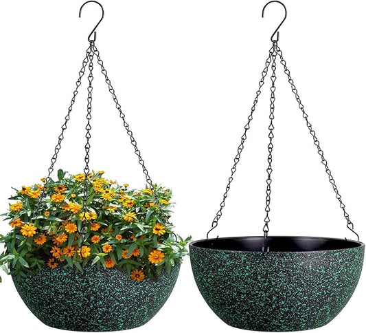 10inch Hanging Planters for Outdoor Indoor Plants with Drainage Holes and Chain, 2 Pack Round Hanging Flower Pots for Garden Home Porch Decor, Black with Green Speckles-BloomoryGarden