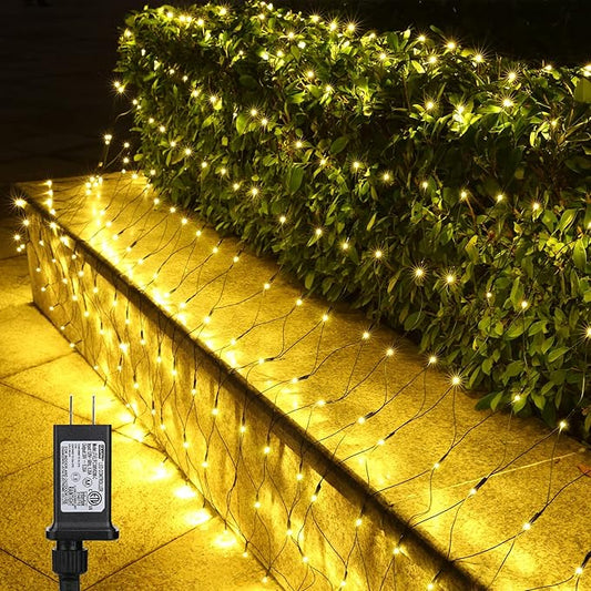 Lyhope 12ft x 5ft 360 LED Christmas Net Lights, 8 Modes Low Voltage Green Wire Mesh Christmas Decorations Lights for Xmas Trees, Bushes, Wedding, Garden, Outdoor, Indoor Decor (Warm White)-BloomoryGarden