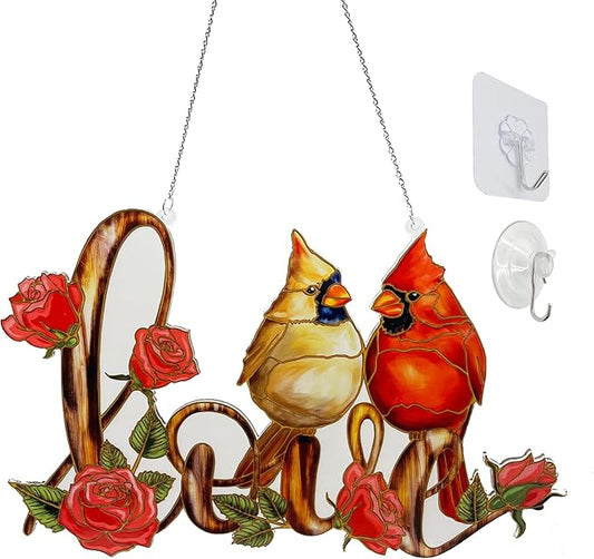 Love with Red Cardinal Suncatcher Red Bird Stained Glass Suncatchers Window Hanging Ornament for Home Decor for Valentine's Day Mother's Day Women Mom Birds Lovers Friends (Love)-BloomoryGarden