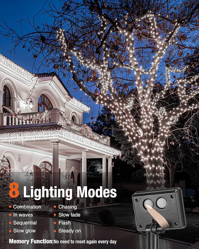 1 Pack Solar Fairy Lights for Outside Waterproof, 49FT/15M 150LED Solar String Lights Outdoor 8 Modes Solar Twinkle Lights for Garden Yard Christmas Tree Wedding Party Decor, Cool White