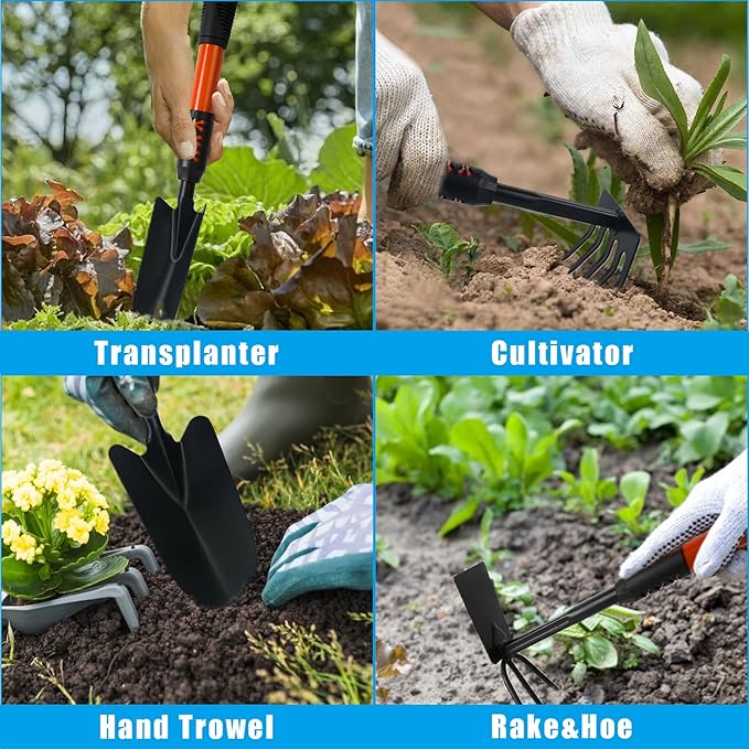 Luwint Gardening Tools Kit, Pack of 4 Garden Tool Set with Non-Slip Handle, Sturdy Classic Utility Tool Heavy Duty Steel Garden Tools with Long Ergonomic Handle for Maintaining Lawn Garden Vege-BloomoryGarden