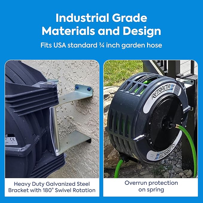 Macnaught Retractable Garden Hose Reel, 60 Ft Water Hose Reel Heavy Duty Retractable Hose with Metal 180° Swivel Rotation Bracket for Wall Mount - Gray