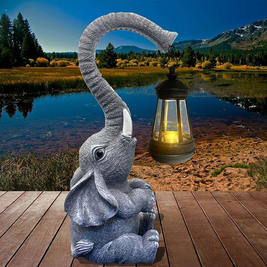 10.6 Inch Statue Elephant with Solar Outdoor Lights for Garden Decor，Lucky Present with Appeal for Birthdays(Man and Women and Family)，Unique Housewarming Presents and Yard Decor. (Gray)-BloomoryGarden